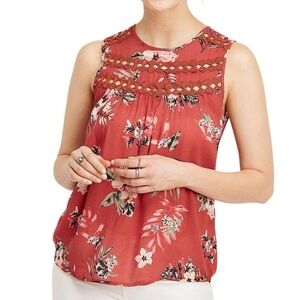 Maurices Red Sleeveless Floral Blouse With Crochet Detailing